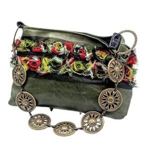 Artisan Green Leather Mesh Floral Hammered Metal Chain Link Strap Bag